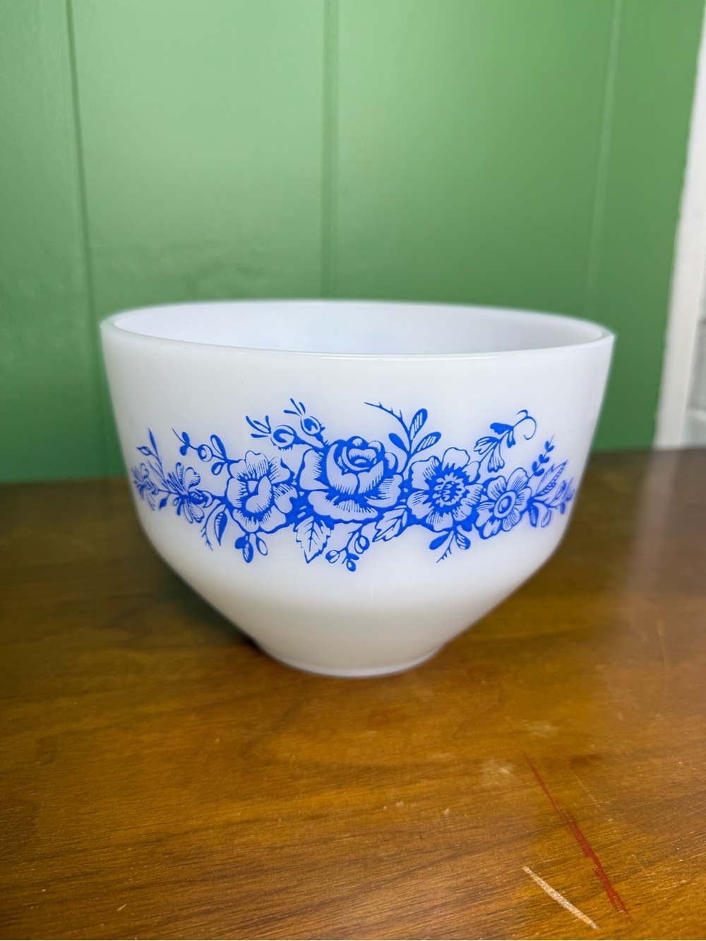 vintage Federal Glass mixing bowl featuring a "Blue Rose" pattern